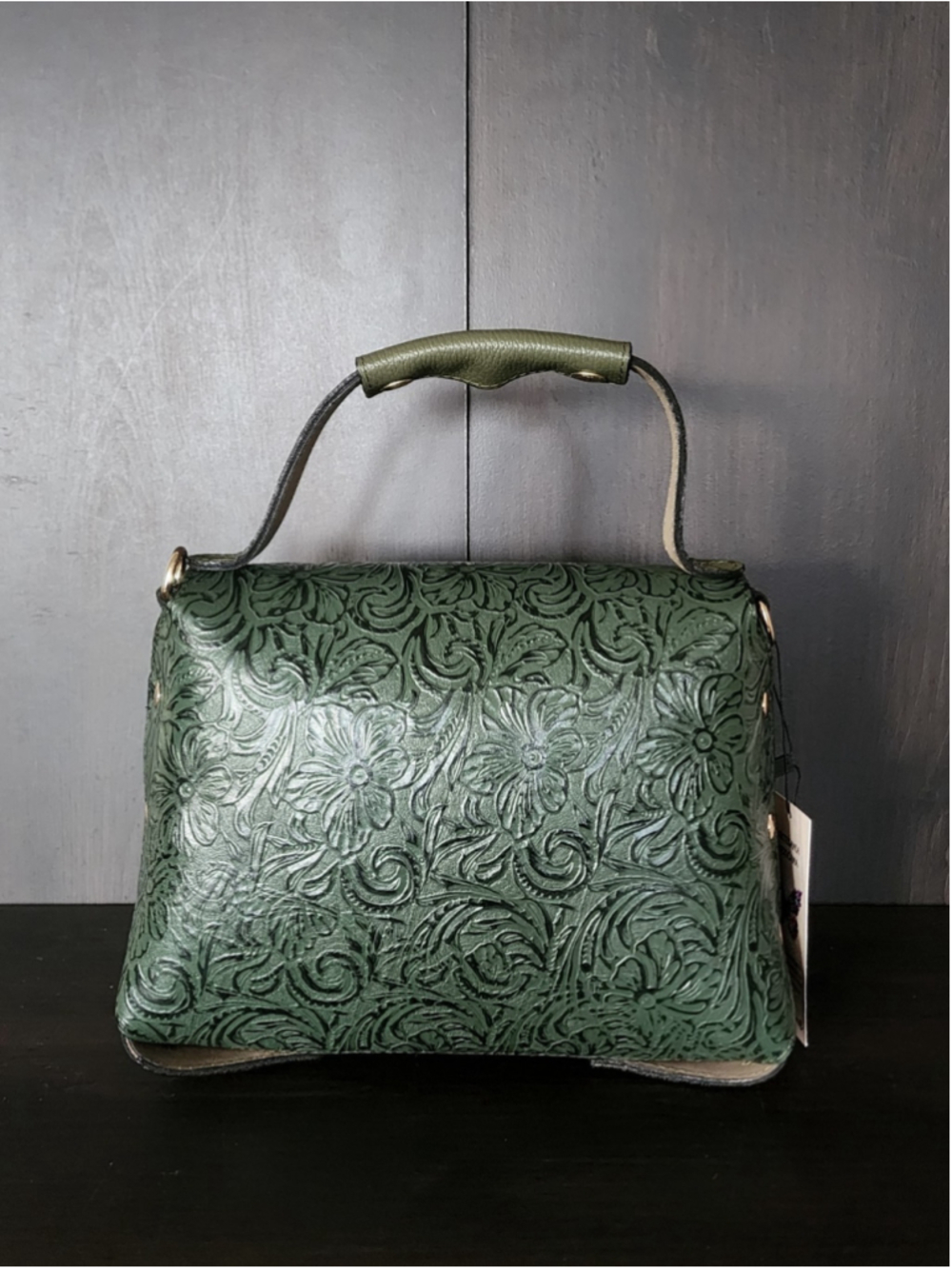 Forest Green Floral Studded Embossed Artisan LEATHER Purse Handbag Crossbody Bag - Picture 7 of 16